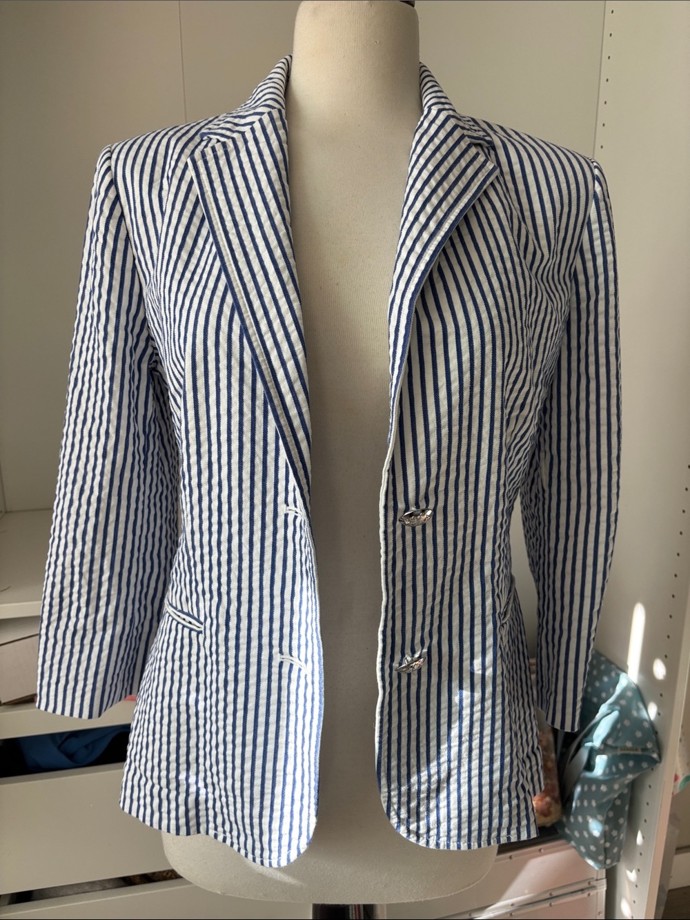 Lauren Ralph Lauren Blue and White Striped Seersucker Blazer